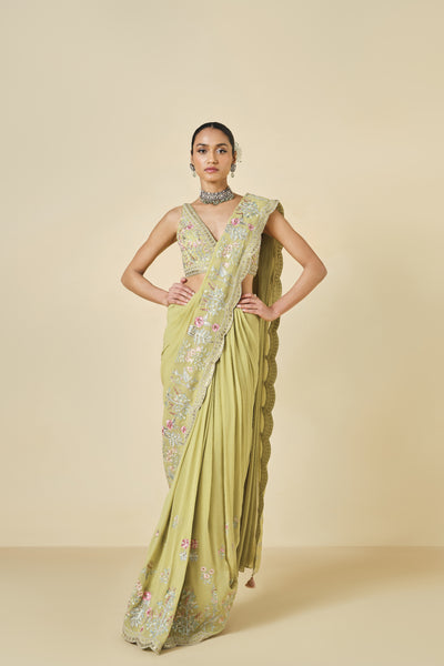 Anita Dongre Aadhvita Embroidered Georgette Saree Lime indian designer wear online shopping melange singapore