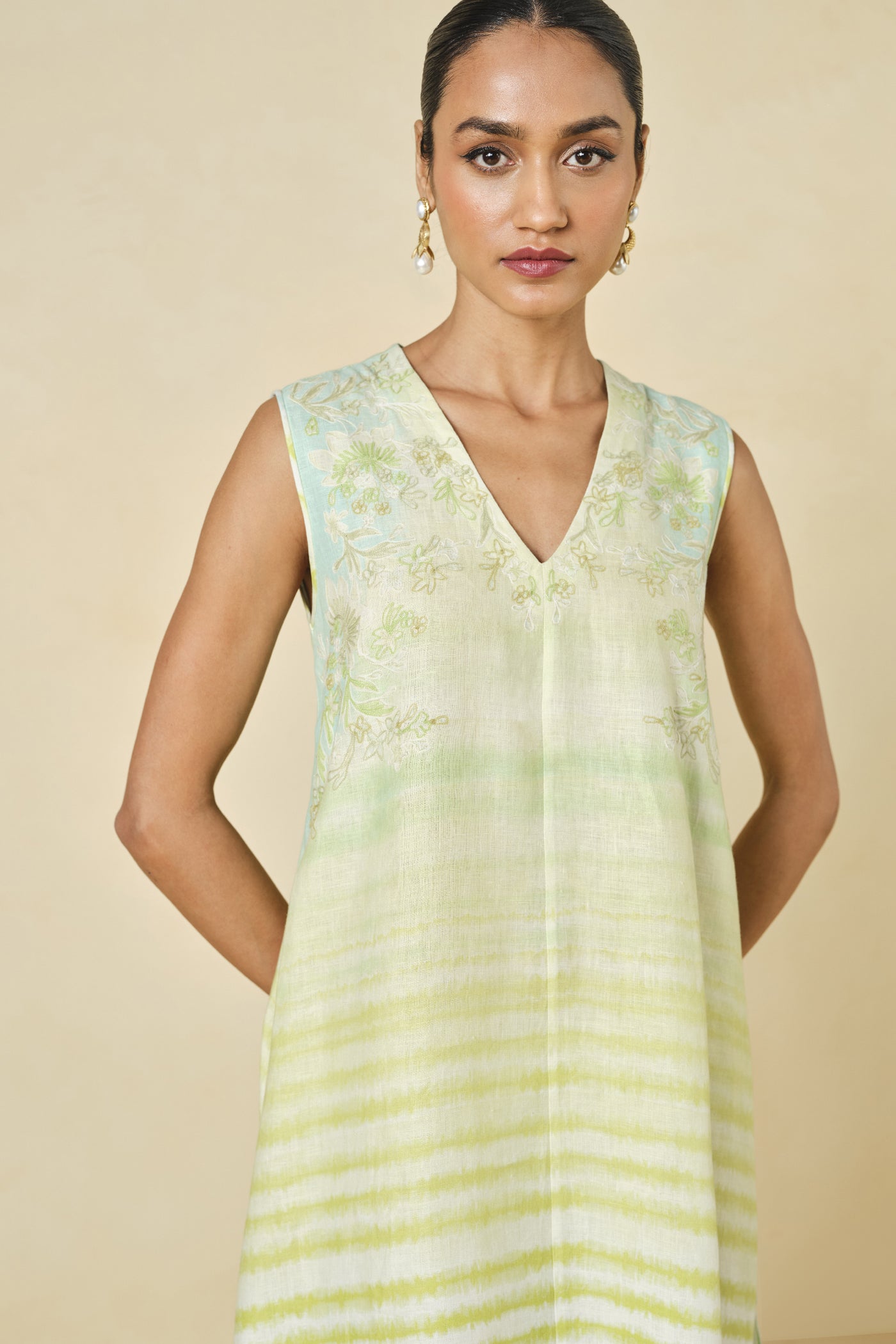 Anita Dongre Anapos Asymmetrical Printed Hemp Kurta Set Lime indian designer wear online shopping melange singapore