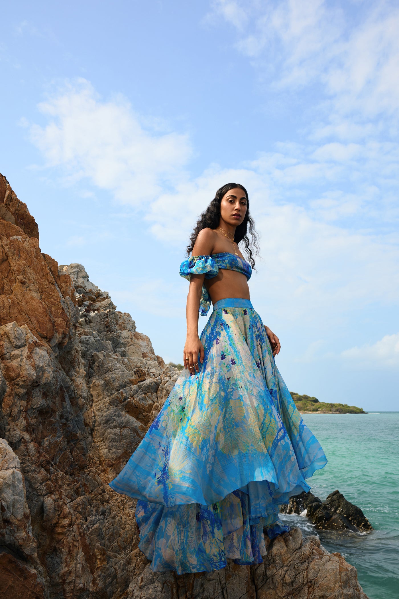 Anita Dongre Chatoyante Asymmetrical Skirt Set Blue indian designer wear online shopping melange singapore