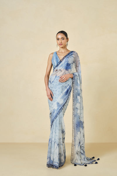 Anita Dongre Mizani Printed Saree Blue indian designer wear online shopping melange singapore