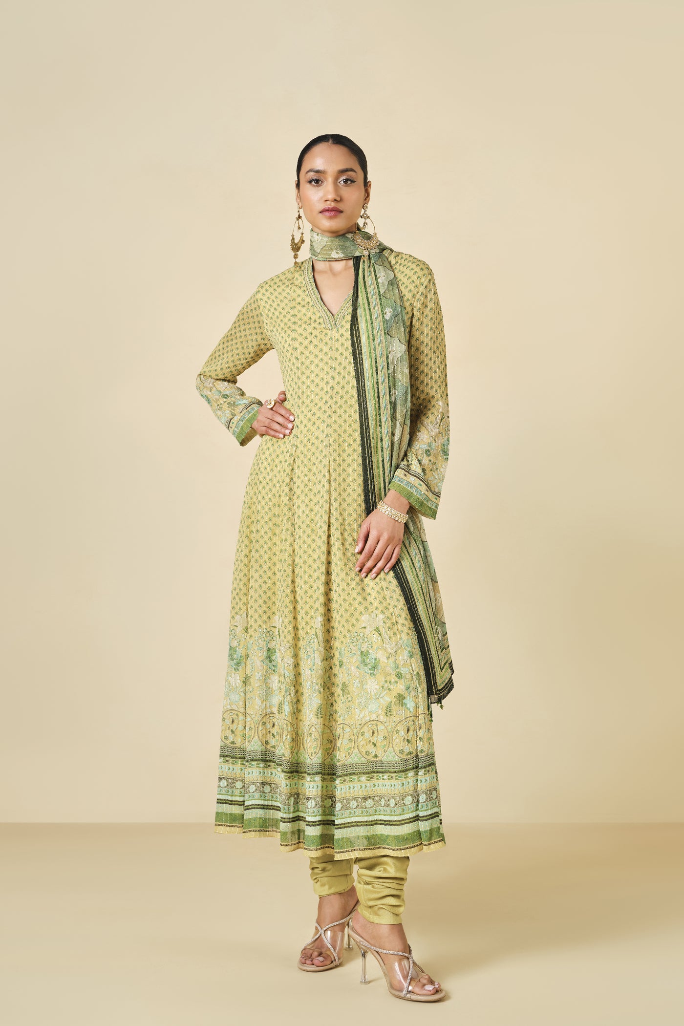 Anita Dongre Myuna Printed Anarkali Set Lime indian designer wear online shopping melange singapore