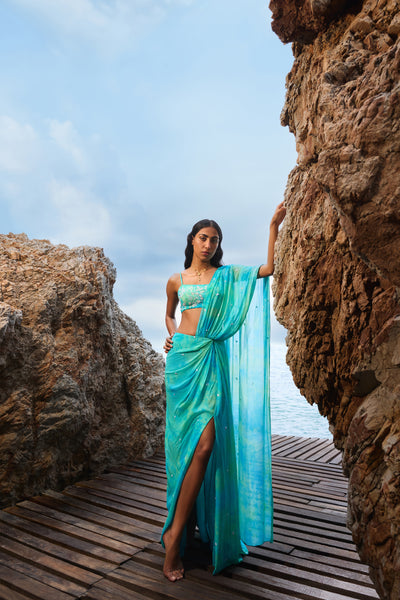 Anita Dongre Praya Georgette Pre-draped Saree Set Aqua indian designer wear online shopping melange singapore