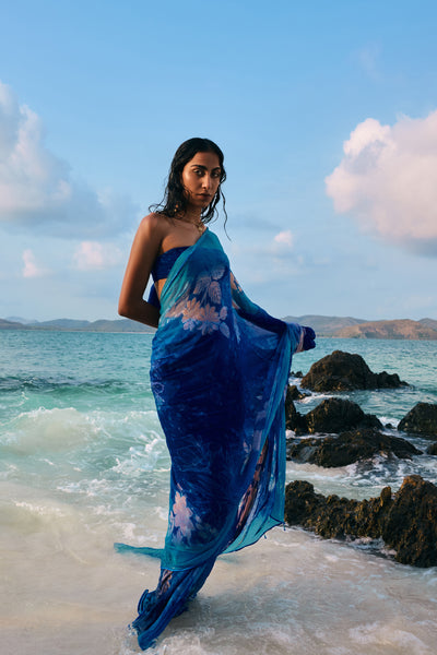 Anita Dongre Watersculpt Chiffon Saree Blue indian designer wear online shopping melange singapore