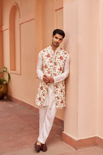 Chhavvi Aggarwal Menswear Ivory Kurta Set With Long Bundii indian designer wear online shopping melange singapore