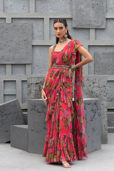 Chhavvi Aggarwal Raspberry Printed Saree With Blouse indian designer wear online shopping melange singapore