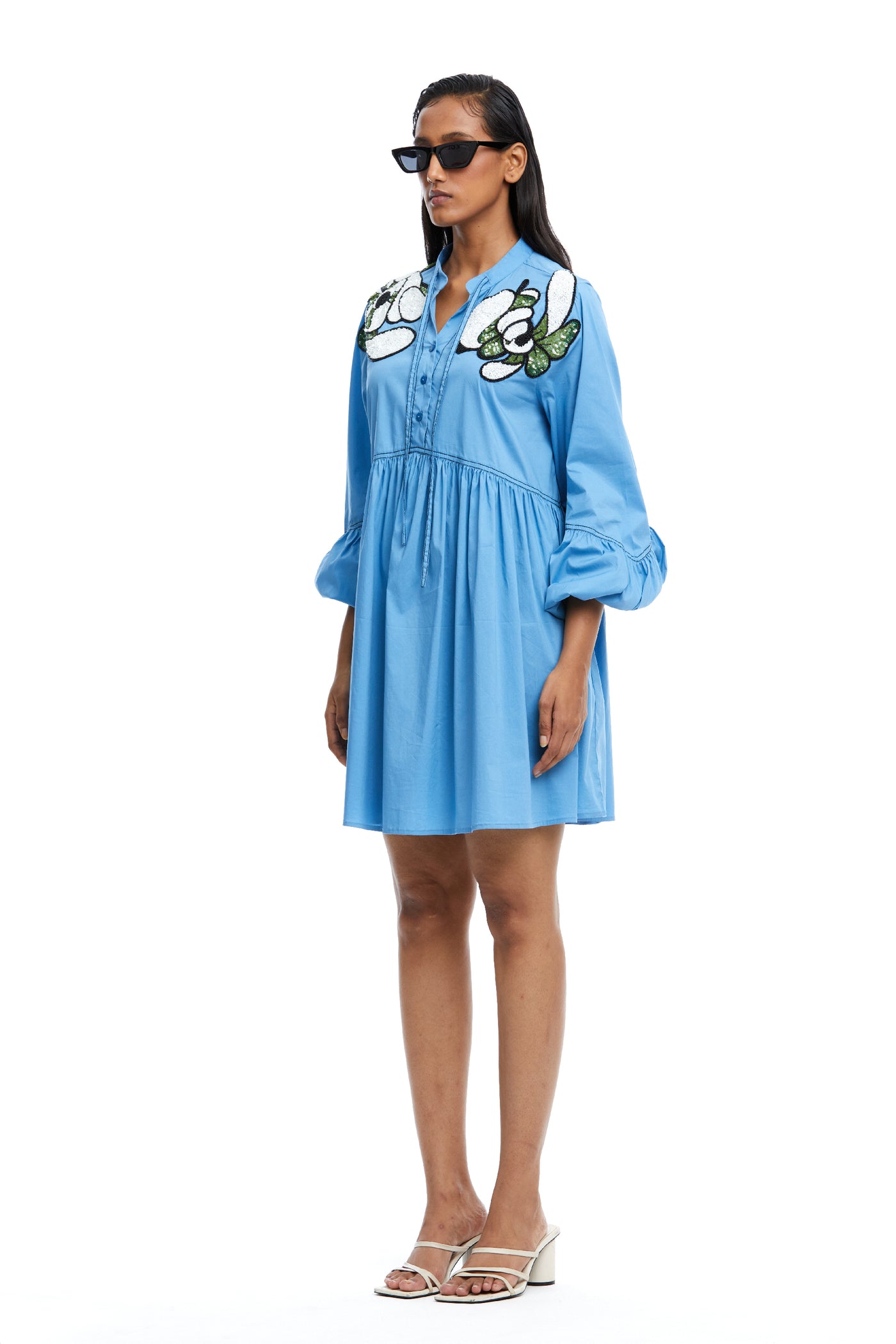 Kanika Goyal Label Warped Vine Embellished Tie Neck Dress Blue indian designer wear online shopping melange singapore