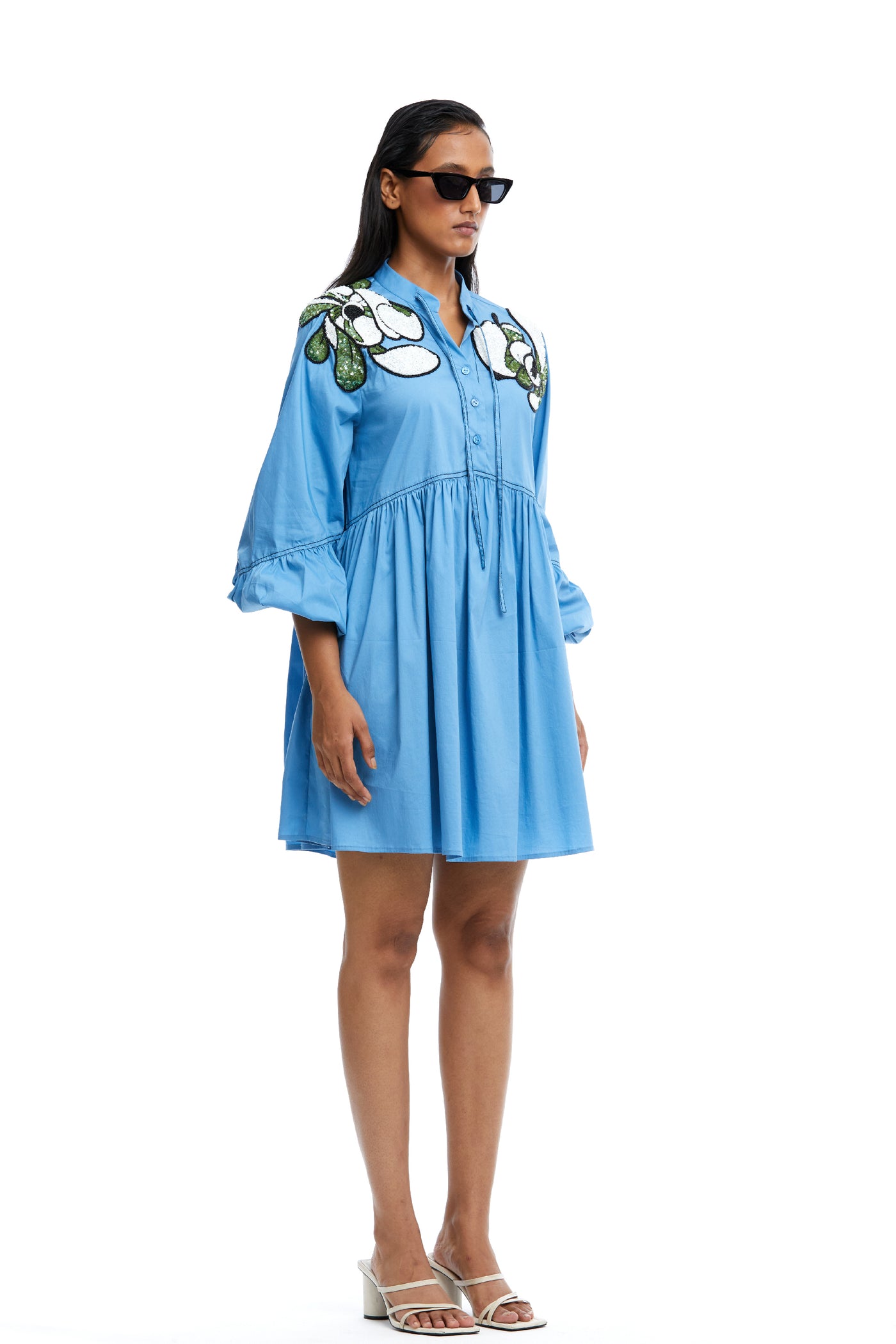 Kanika Goyal Label Warped Vine Embellished Tie Neck Dress Blue indian designer wear online shopping melange singapore