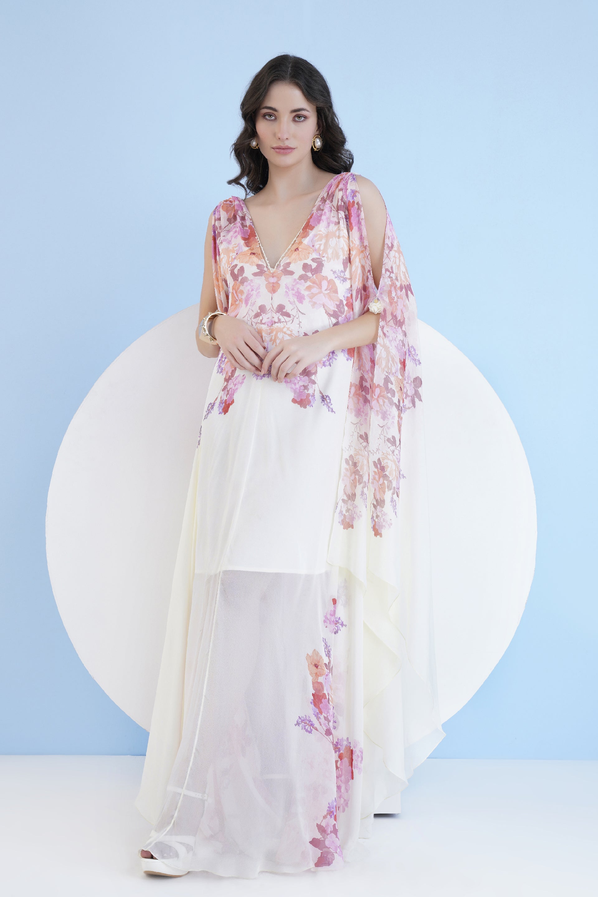 Printed Long Kaftan with Sequence Neck main image 0