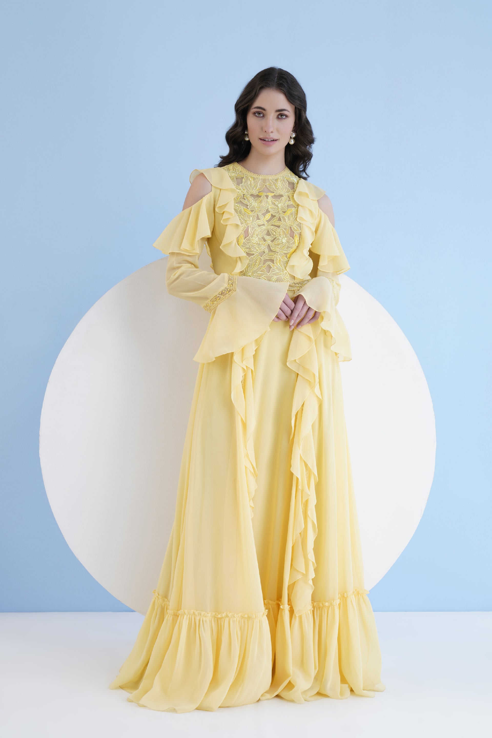 Yellow Long Dress With Shoulder Cutout And Lace Detail – Melange Singapore