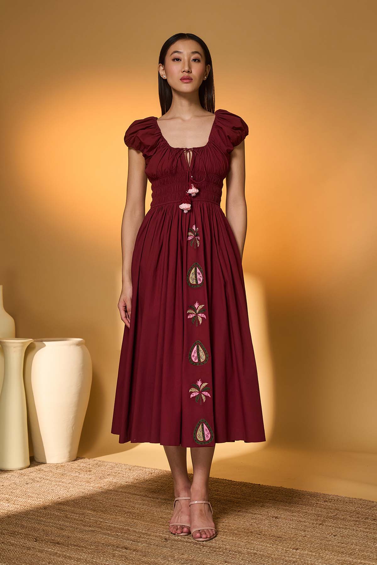 midi dress singapore Masaba Maroon Smocked Midi Dress
