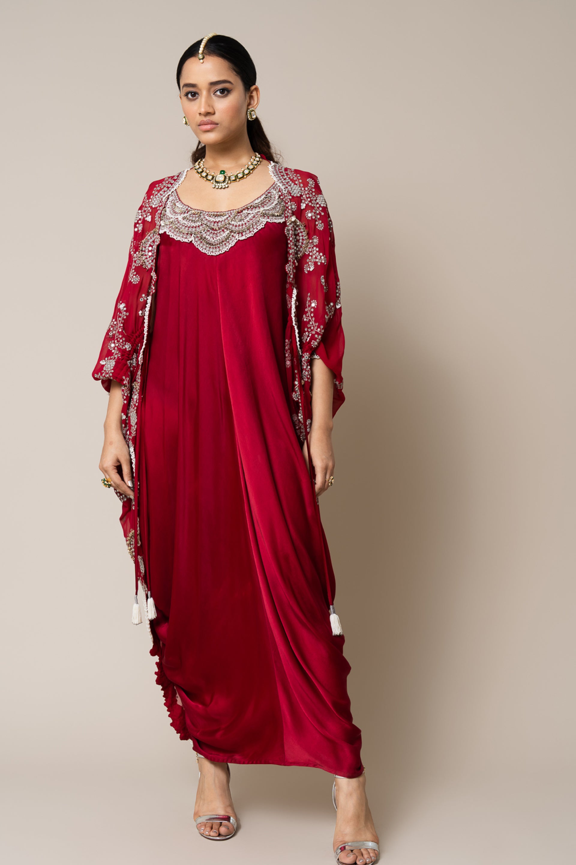 Blue Printed Drape Dress & Cape Set