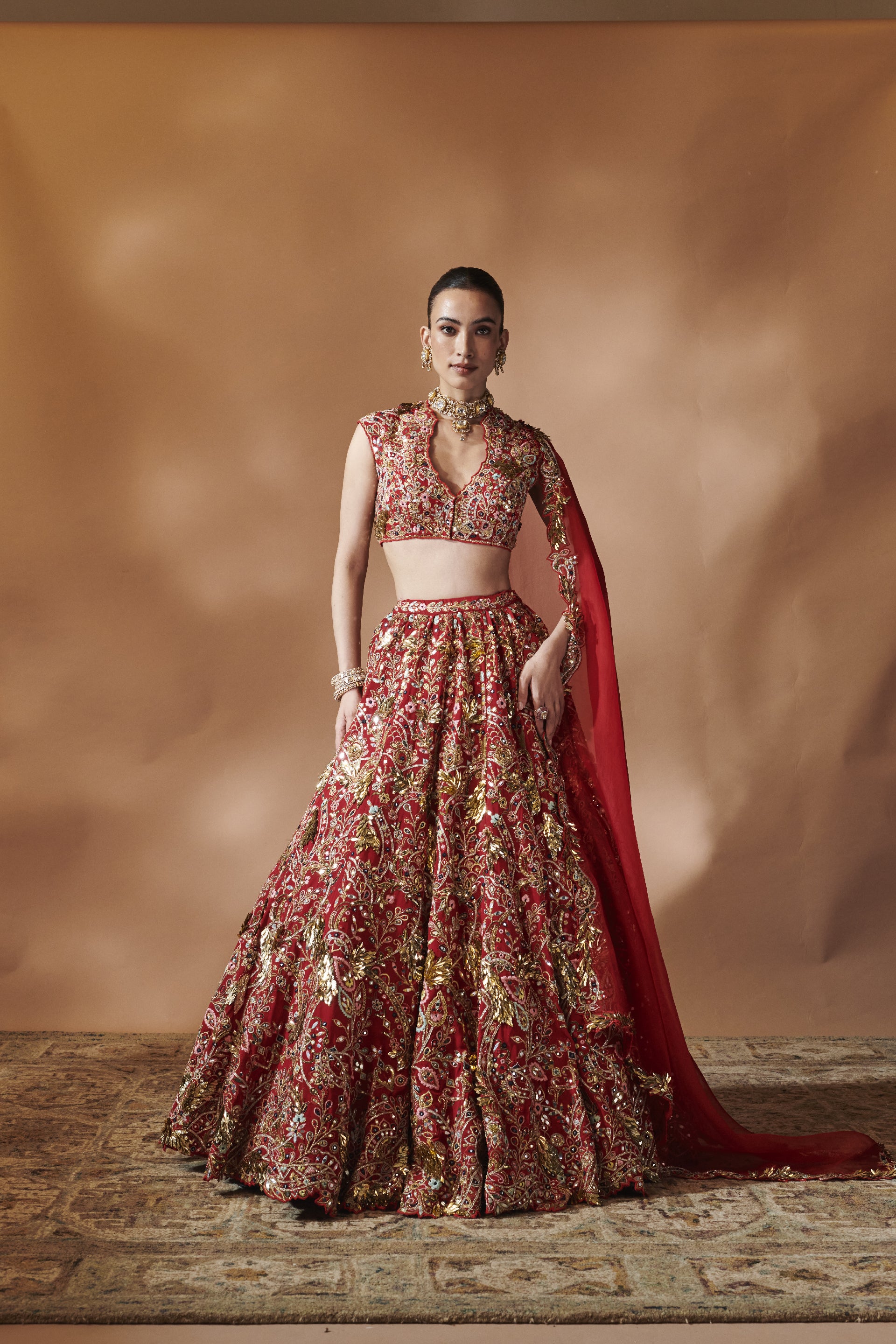 RED EMBROIDERED LEHENGA SET main image 1