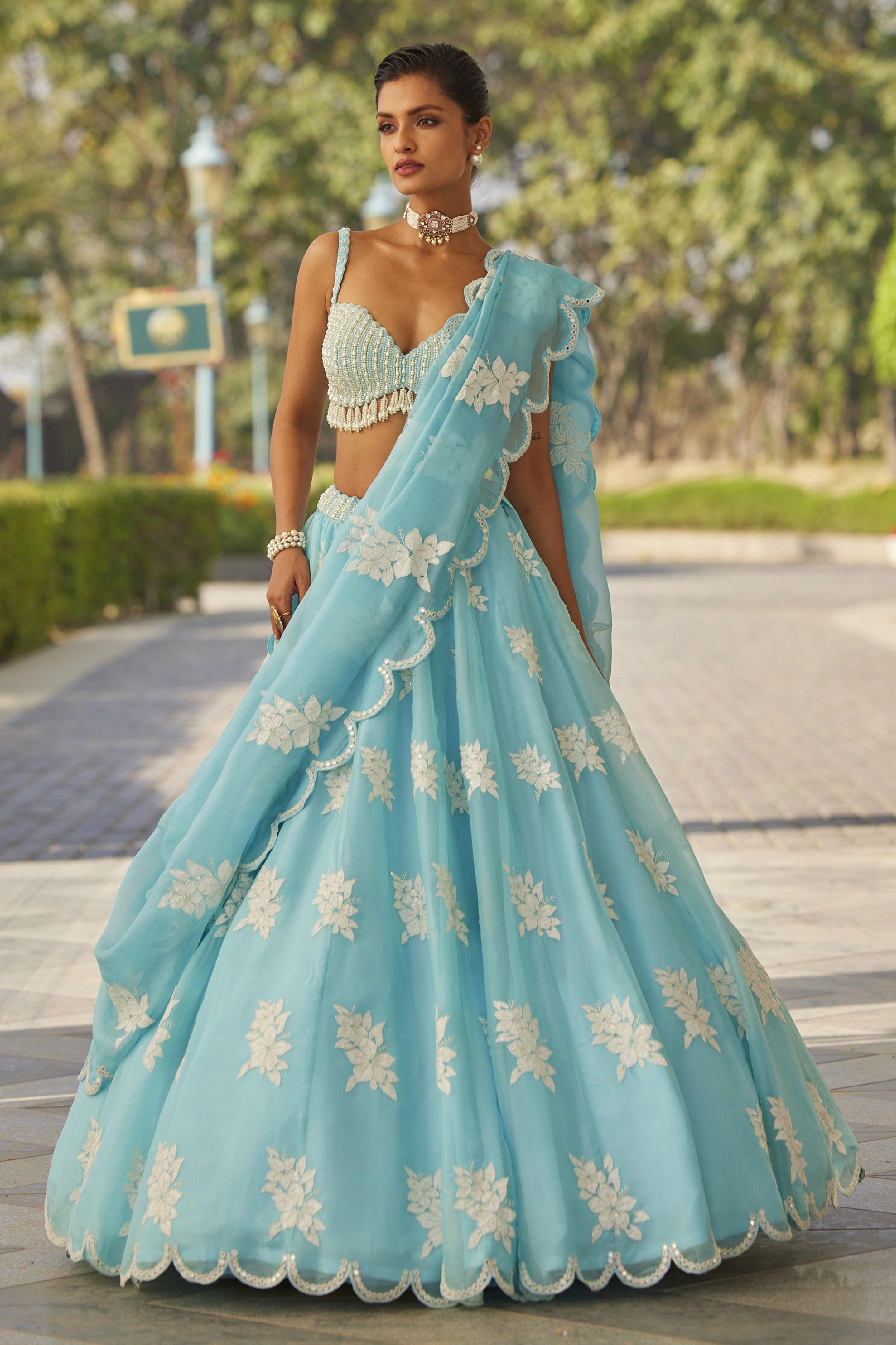 Leaf Cheenth Lehenga Set - Azure Blue