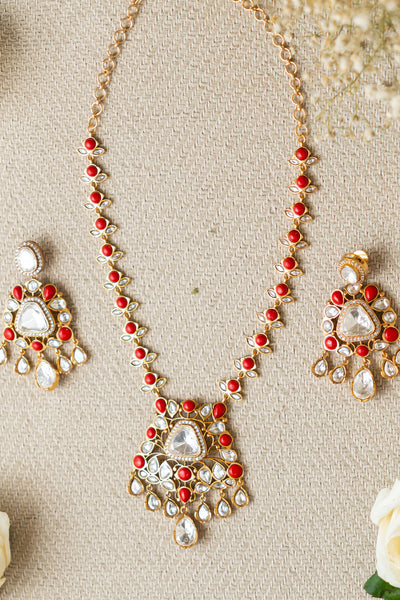 Zevar Kundan Necklace Set Coral jewellery Indian designer wear online shopping melange singapore