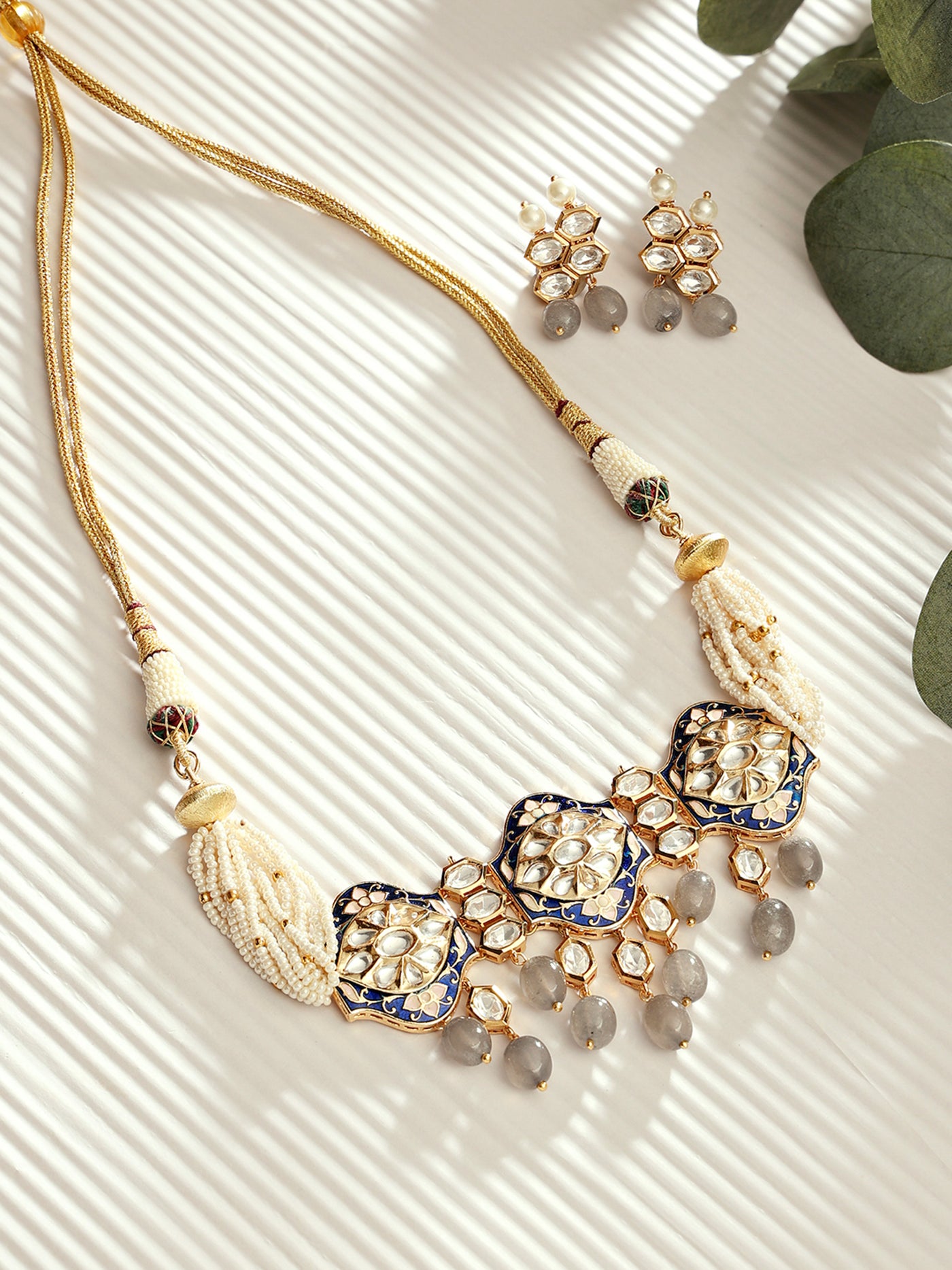 Joules By Radhika Royal Blue With Pearl Polki Necklace Set Online Shopping Melange Singapore Indian Designer Wear