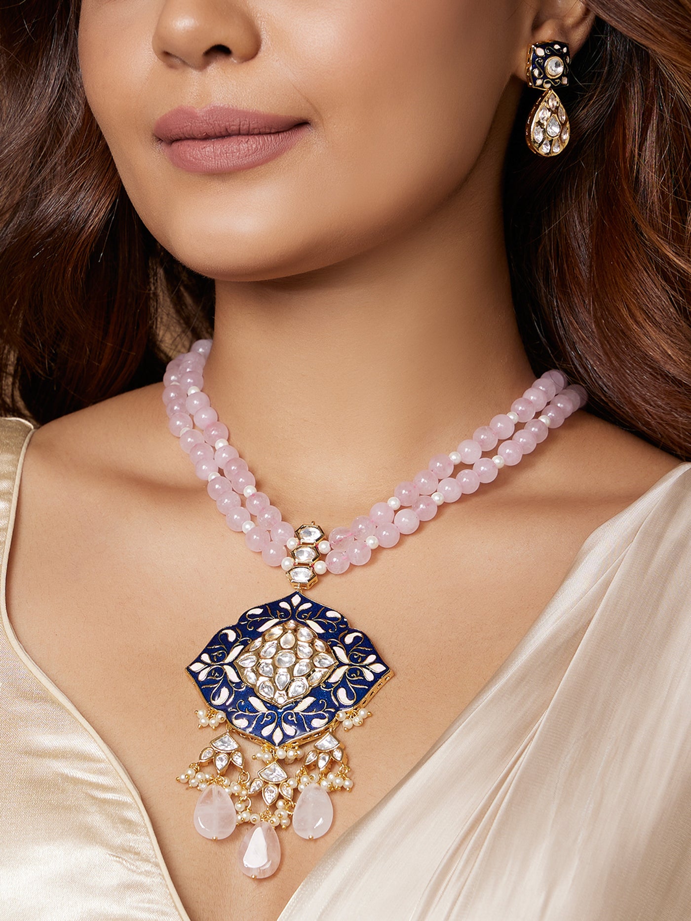 Joules By Radhika  Pink Beaded Necklace Set With Royal Blue Enamalling Online Shopping Melange Singapore Indian Designer Wear