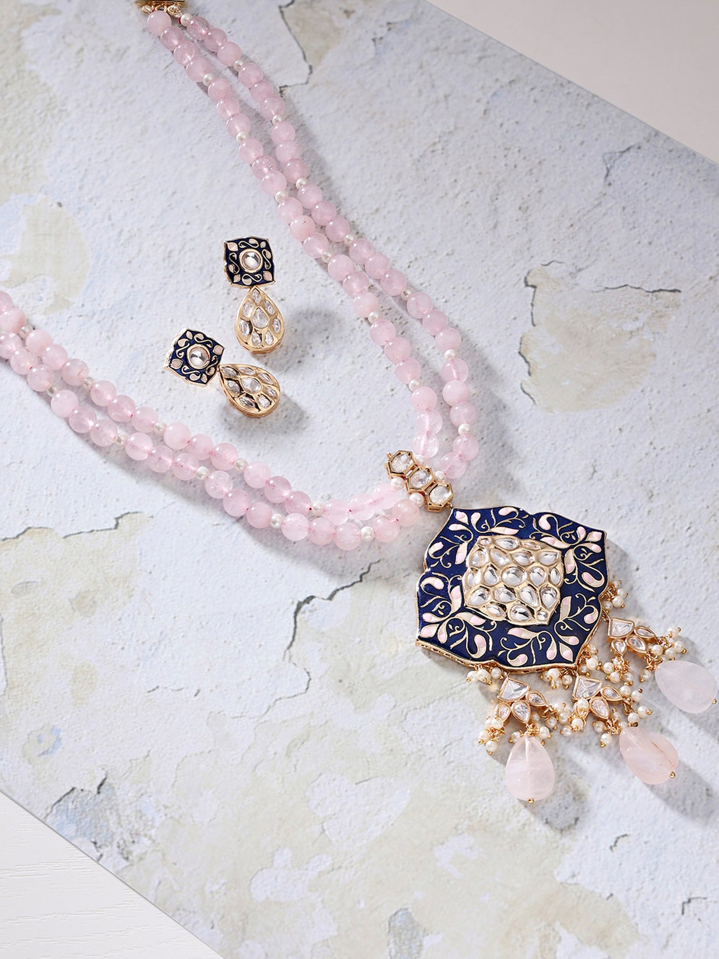 Joules By Radhika  Pink Beaded Necklace Set With Royal Blue Enamalling Online Shopping Melange Singapore Indian Designer Wear