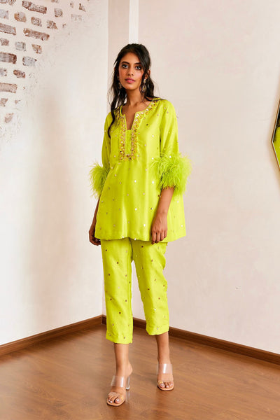 Maison Blu Lime Green Arsy Feather Kurti With Pant festive fusion indian designer wear online shopping melange singapore