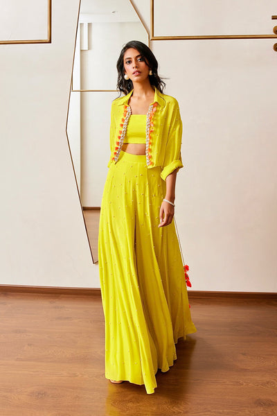 Maison Blu Yellow Pearl Shell Shirt And Sharara Set festive fusion indian designer wear online shopping melange singapore