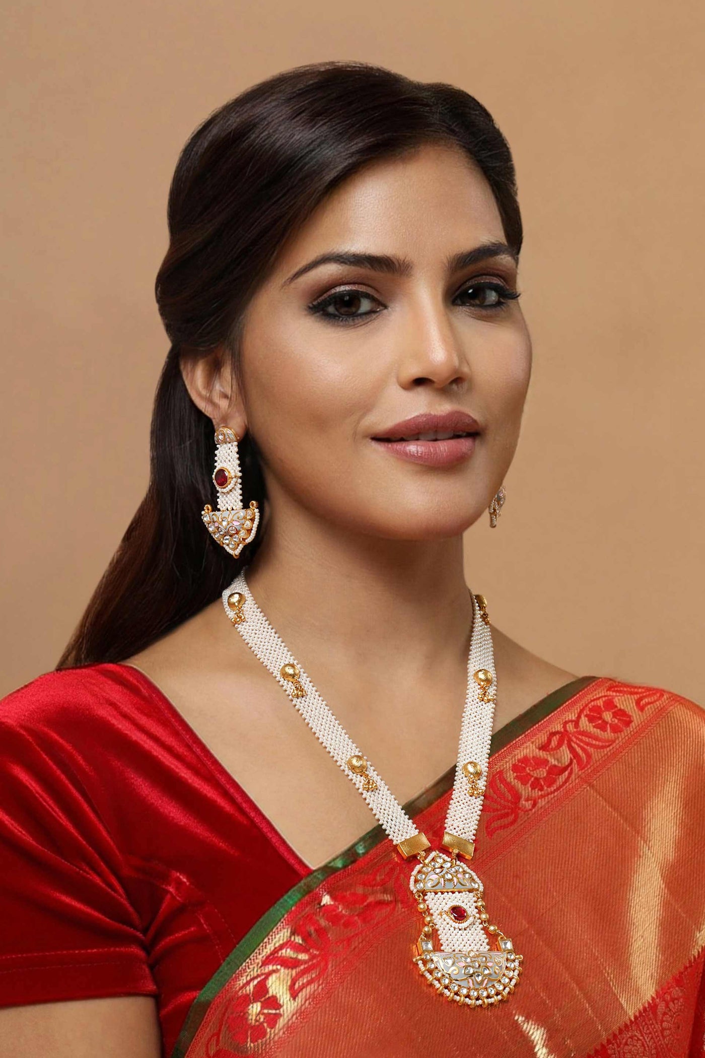 Tizora elegant ethnic pearl necklace set gold white red fashion imitation jewellery indian designer wear online shopping melange singapore