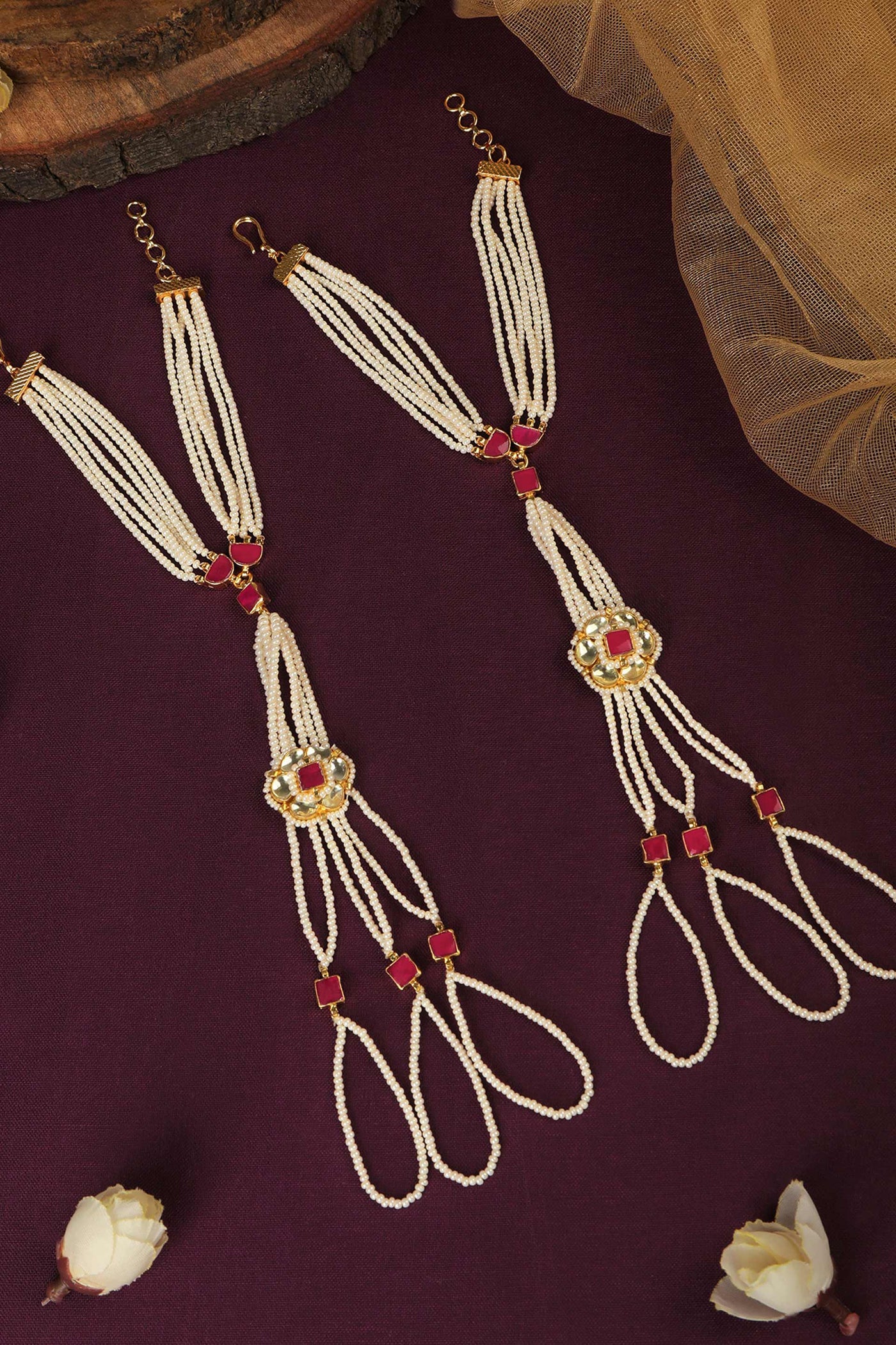 Tizora pearls kundan haathphool white red gold fashion imitation jewellery indian designer wear online shopping melange singapore