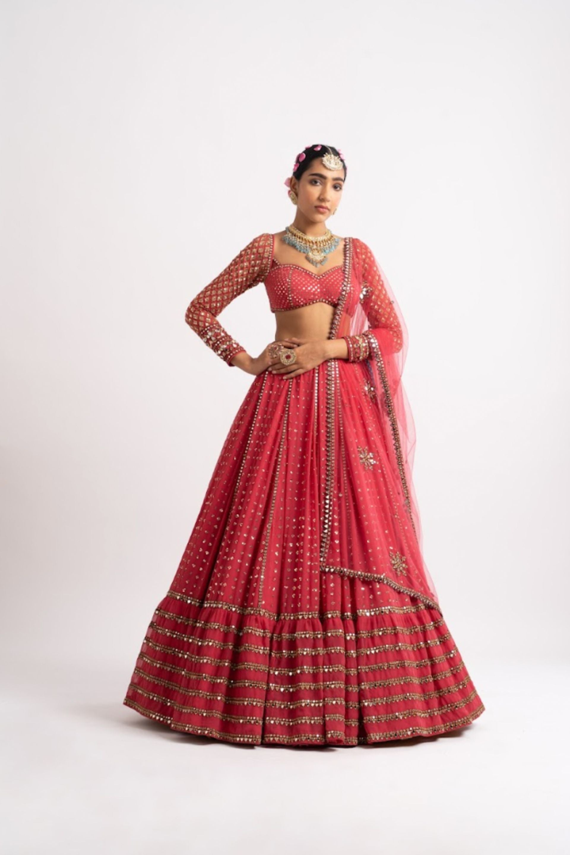 Sequin lines with floral printed
 tier lehenga set
