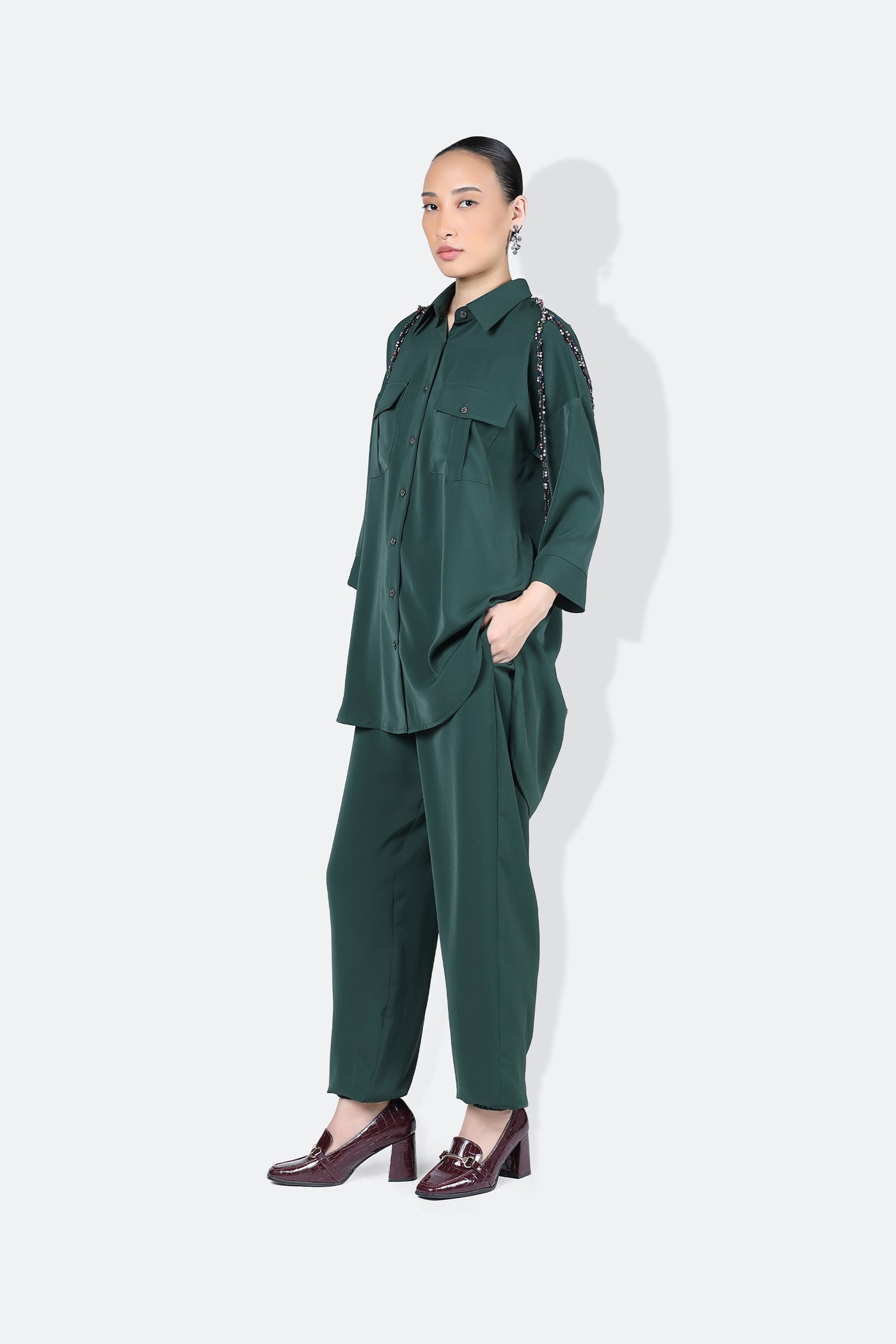 431-88 by Shweta Kapur Army Set With Cluster String Forest Green indian designer wear online shopping melange singapore