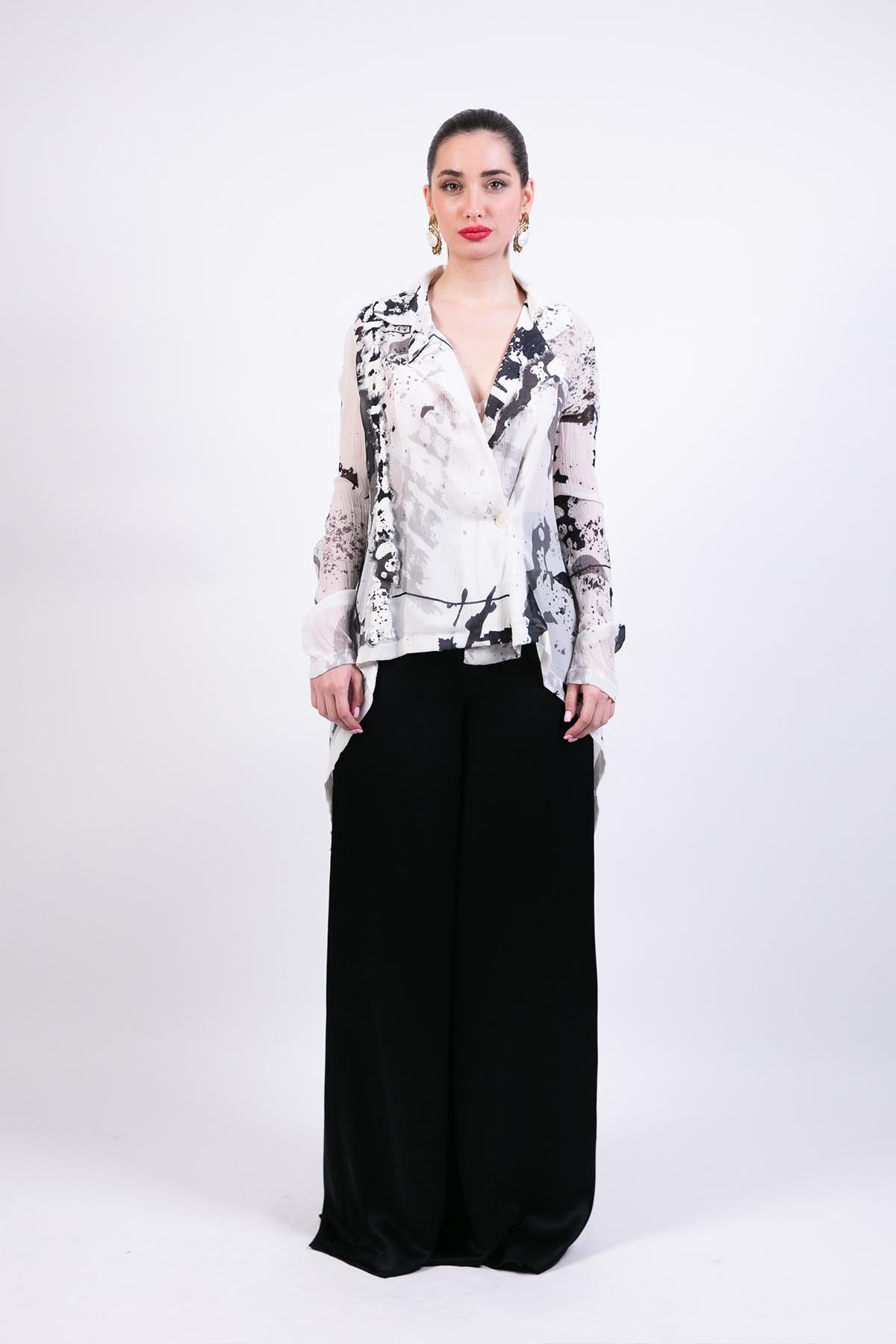 AKOK B&W Splash Print Silk Shirt Flared Pants Co-ord indian designer wear online shopping melange singapore 