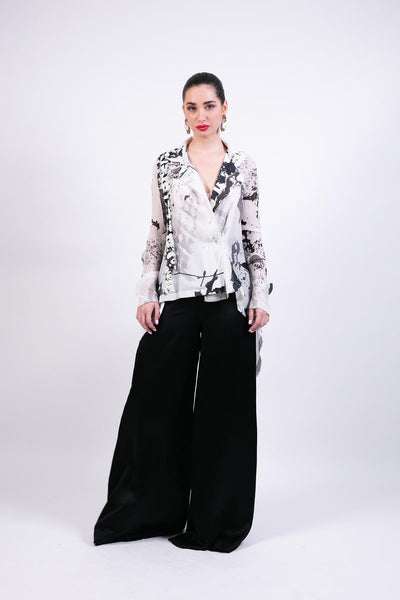 AKOK B&W Splash Print Silk Shirt Flared Pants Co-ord indian designer wear online shopping melange singapore 