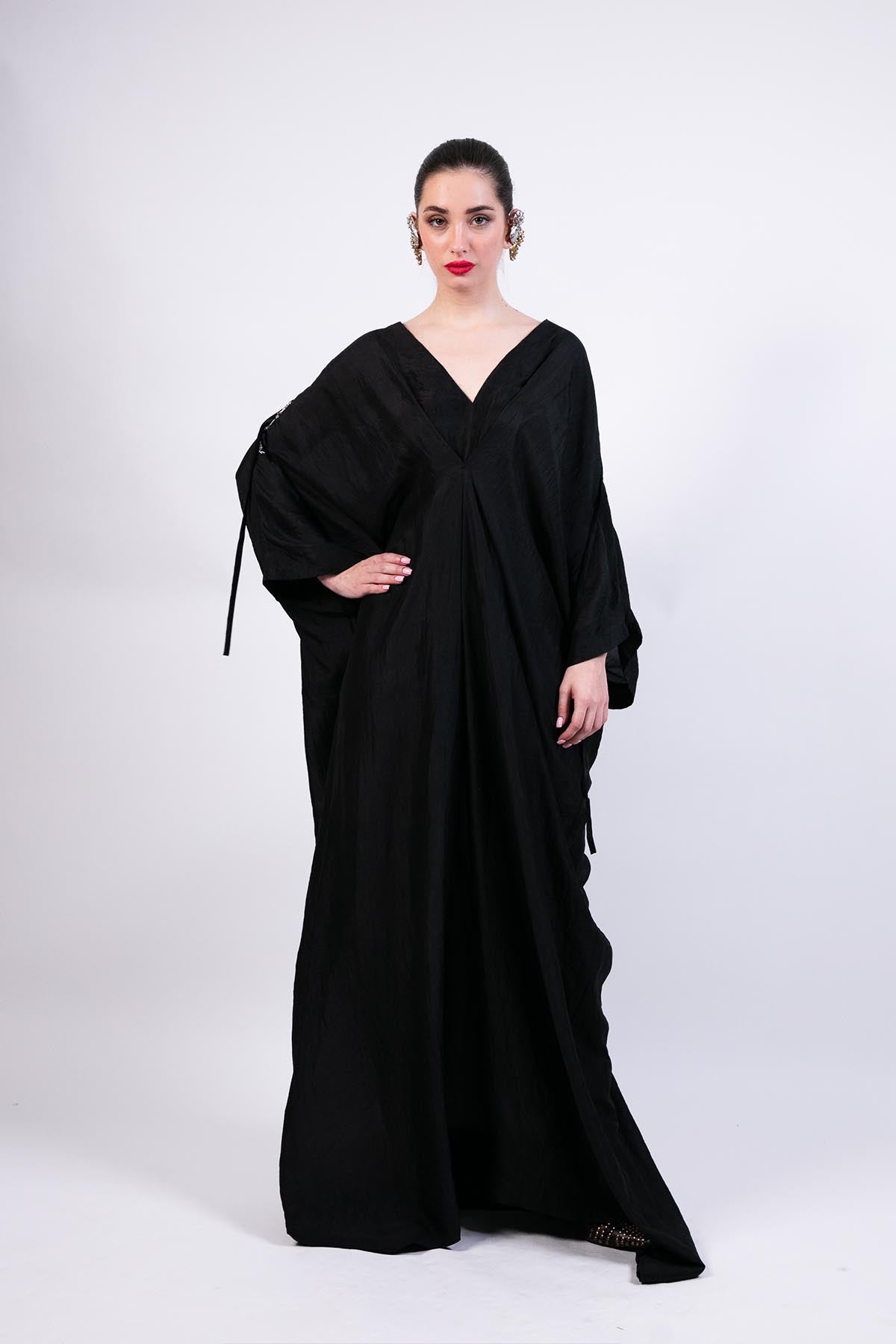 AKOK Black Silk Kaftan Dress With Coin Emb indian designer wear online shopping melange singapore