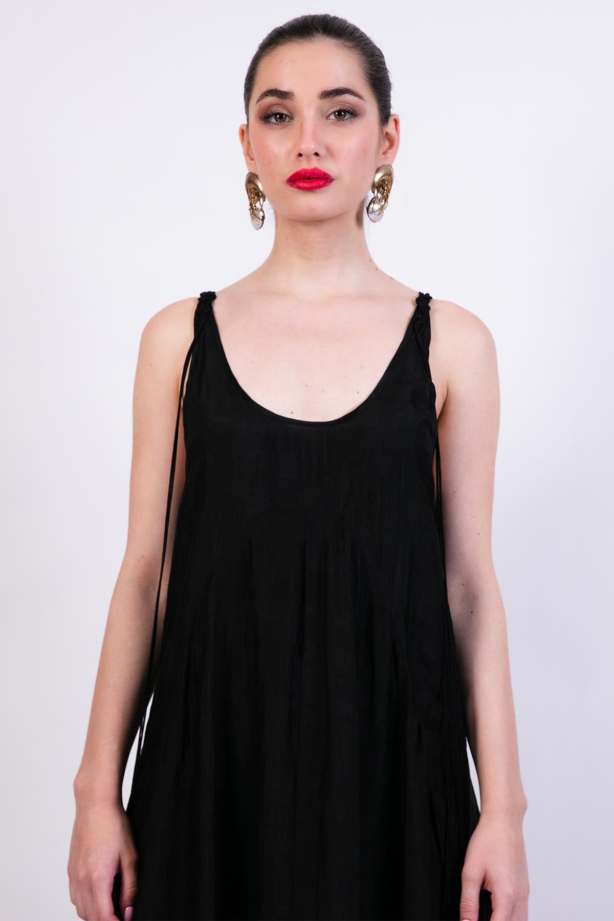 AKOK Black Silk Slip Dress With Coin Hand-embroidery indian designer wear online shopping melange singapore 