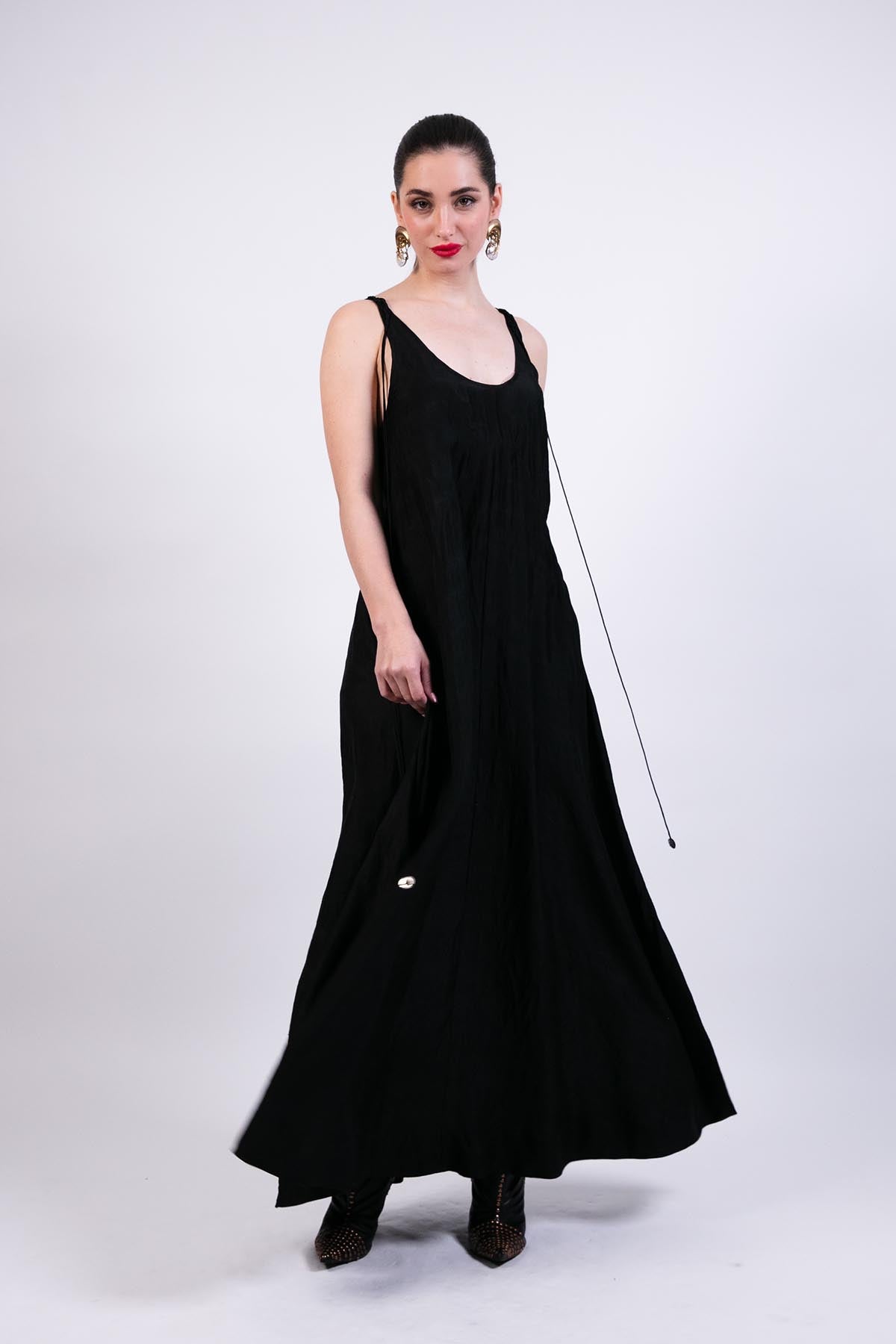 AKOK Black Silk Slip Dress With Coin Hand-embroidery indian designer wear online shopping melange singapore 