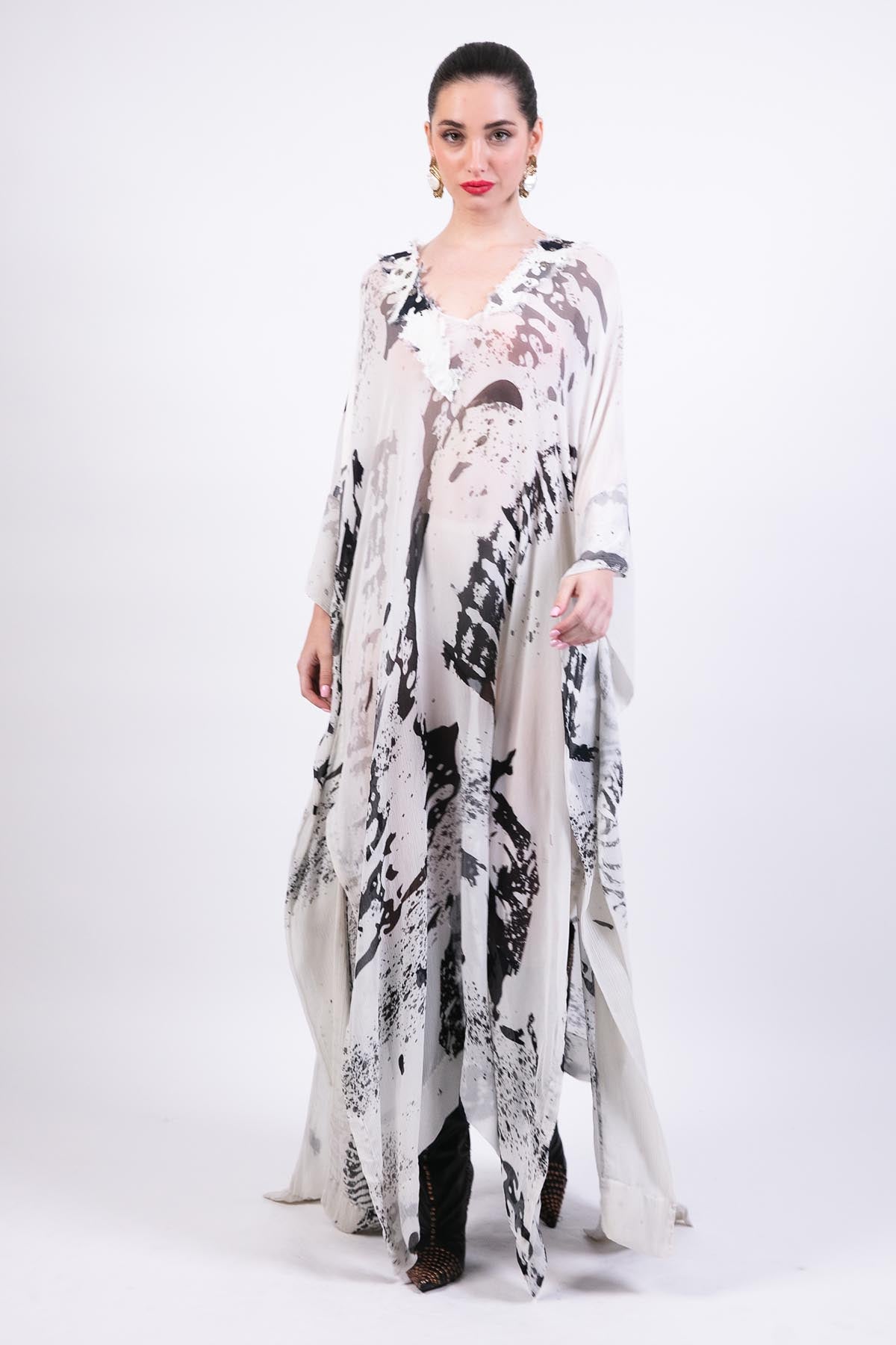 AKOK Black White Splash Print Kaftan Slip Dress indian designer wear online shopping melange singapore 