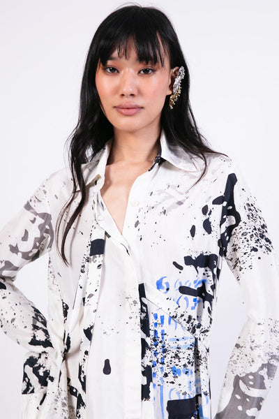 AKOK Black White Splash Print Silk Shirt Dress indian designer wear online shopping melange singapore 