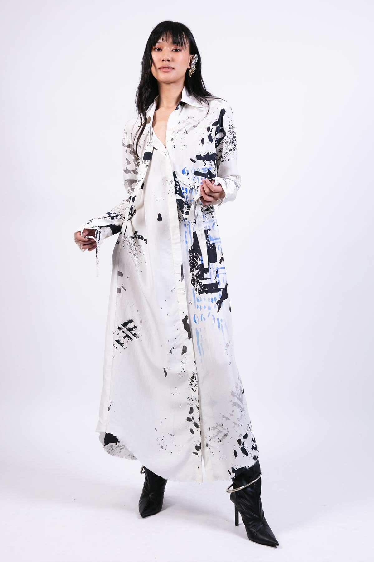 AKOK Black White Splash Print Silk Shirt Dress indian designer wear online shopping melange singapore 