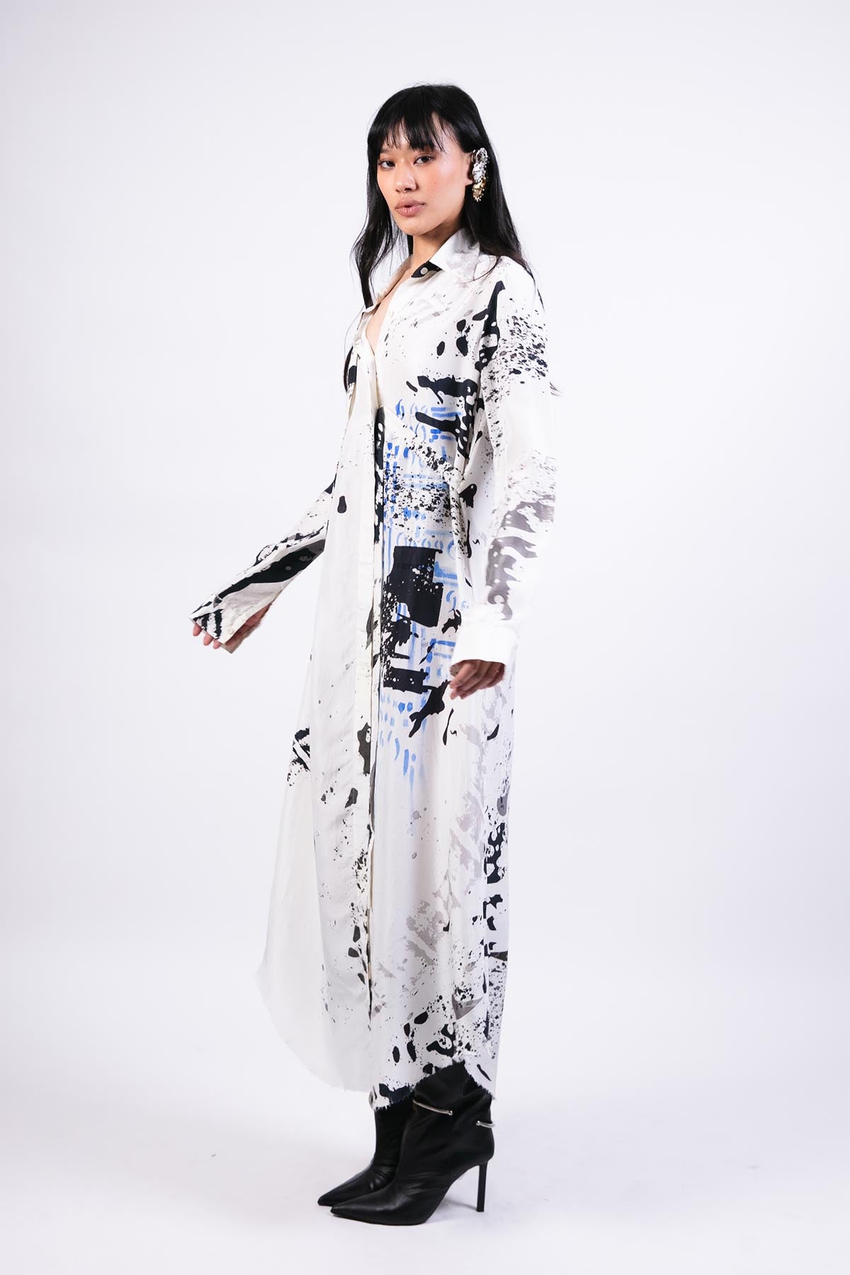 AKOK Black White Splash Print Silk Shirt Dress indian designer wear online shopping melange singapore 