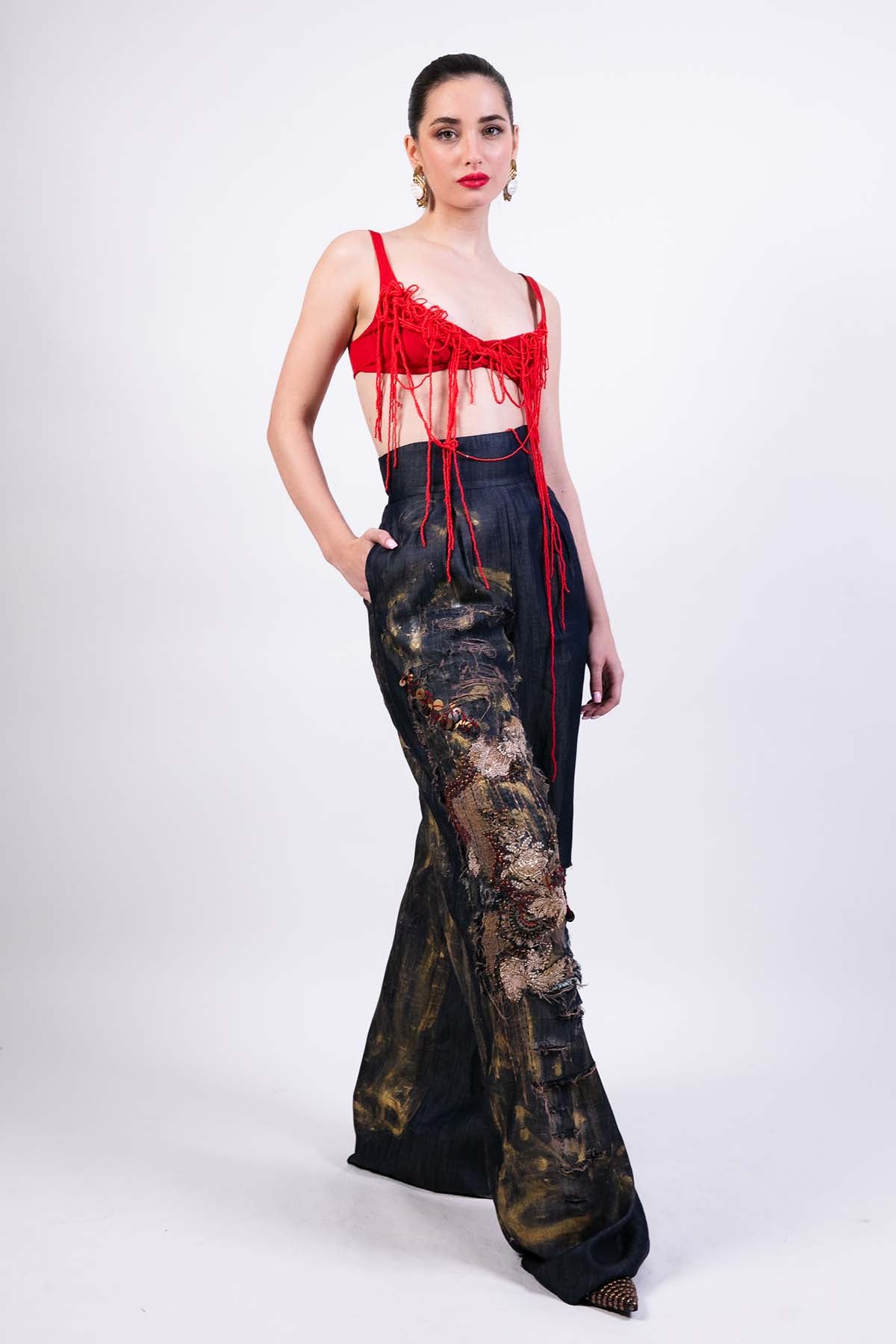 AKOK Embroidered Navy Pants indian designer wear online shopping melange singapore