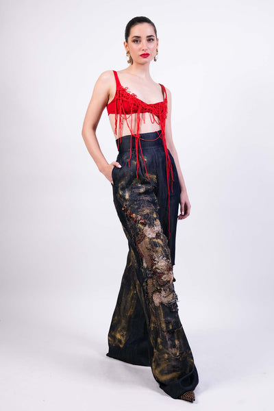 AKOK Embroidered Navy Pants indian designer wear online shopping melange singapore
