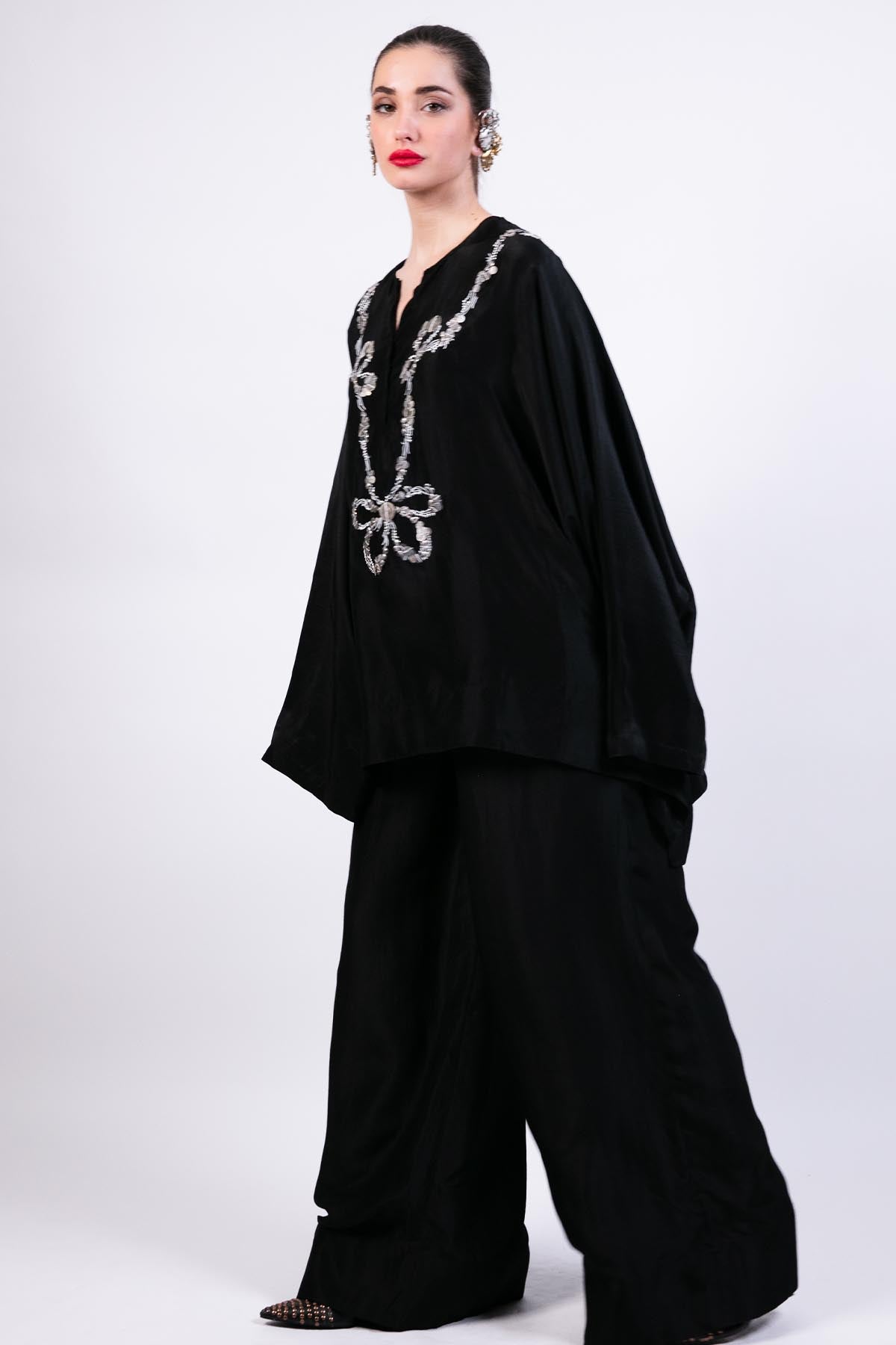 AKOK Embroidered Black Kurta Flared Pants Co-ord indian designer wear online shopping melange singapore 