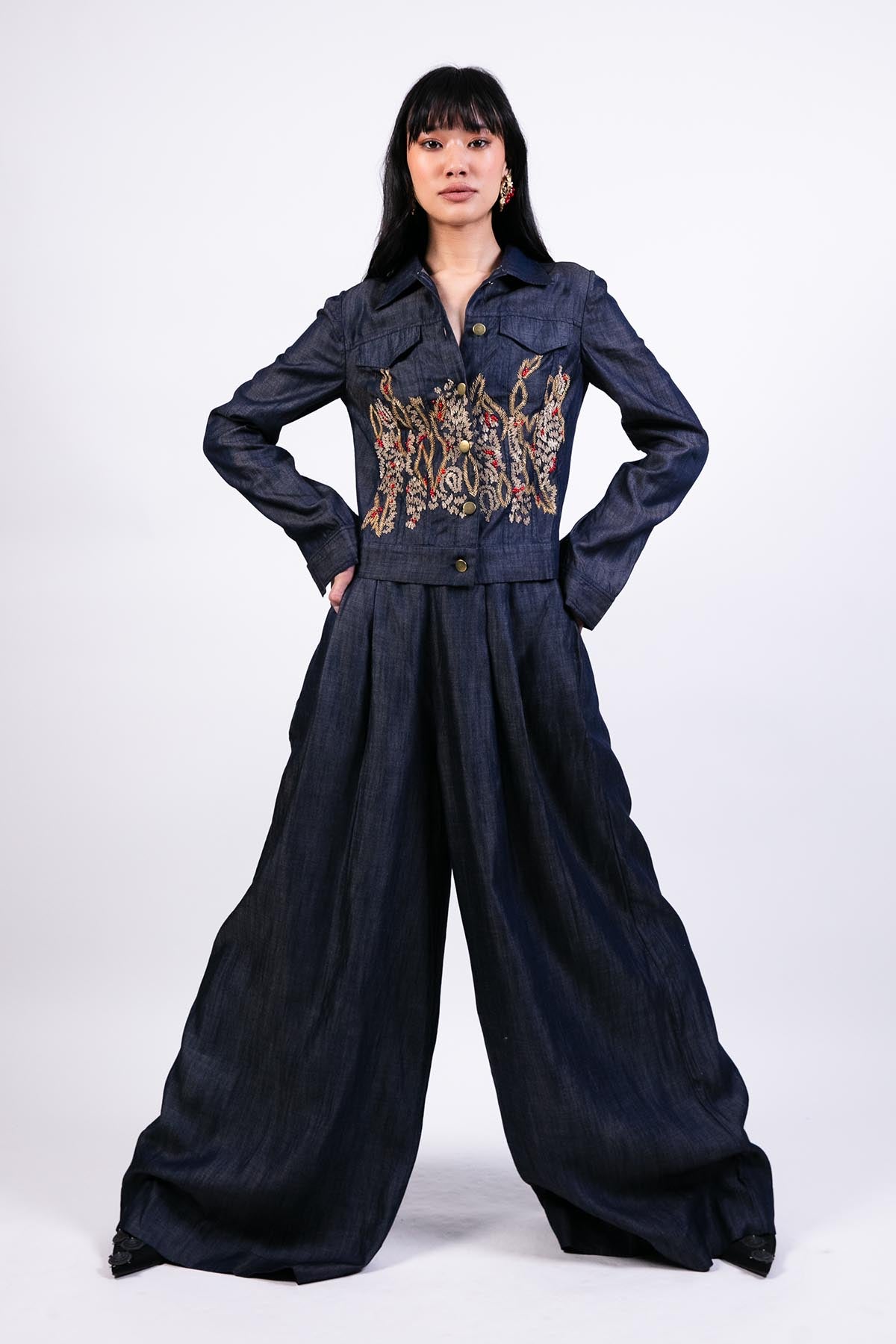 AKOK Embroidered Denim Jacket Flared Pants Co-ord indian designer wear online shopping melange singapore 
