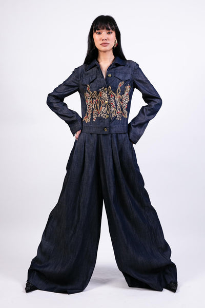 AKOK Embroidered Denim Jacket Flared Pants Co-ord indian designer wear online shopping melange singapore 