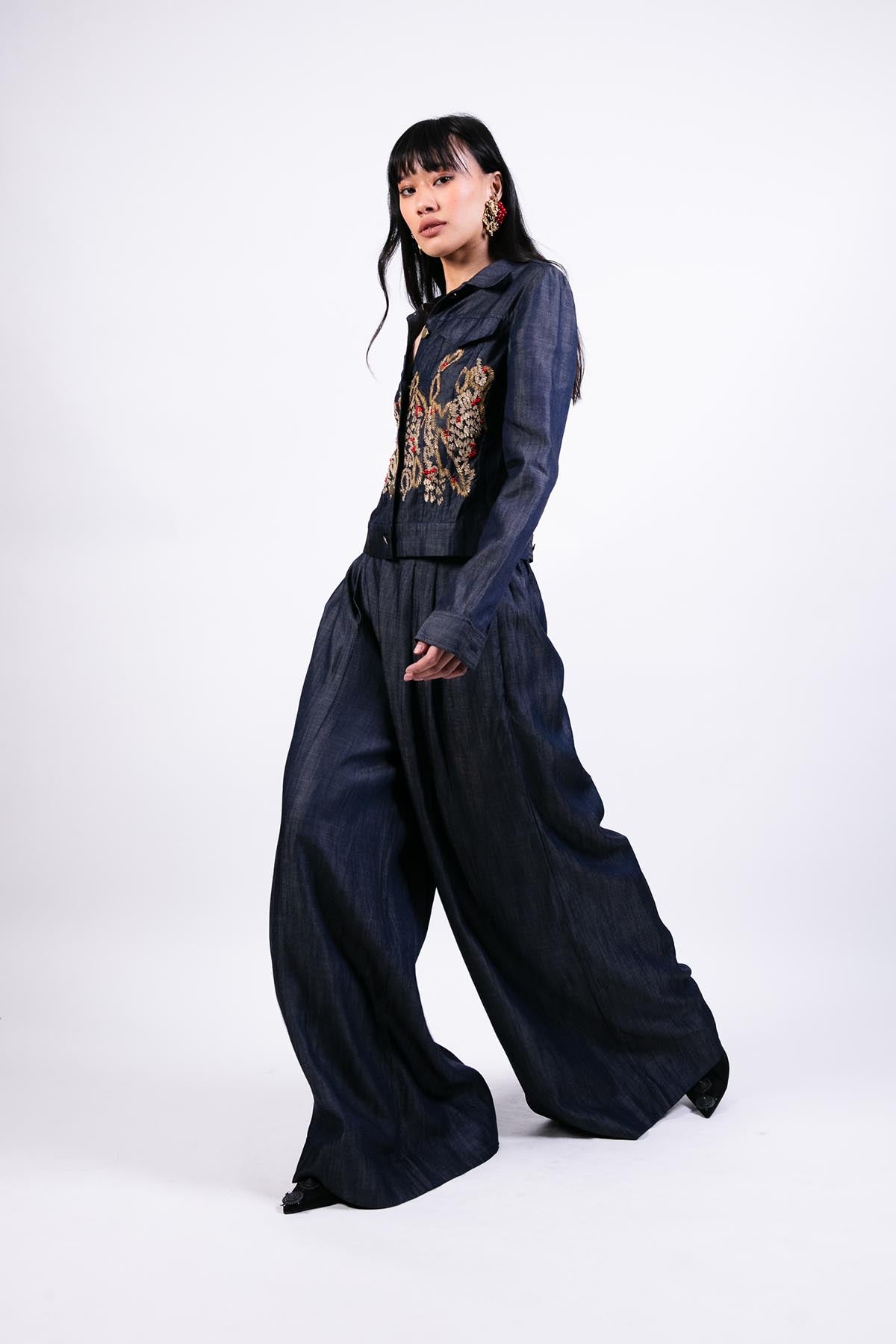 AKOK Embroidered Denim Jacket Flared Pants Co-ord indian designer wear online shopping melange singapore 