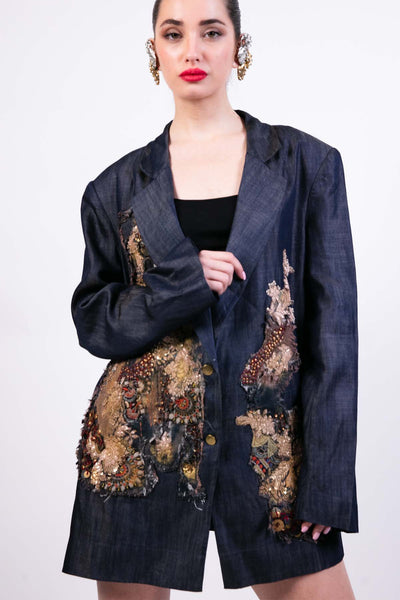 AKOK Hand Embroidered Denim Blazer indian designer wear online shopping melange singapore 