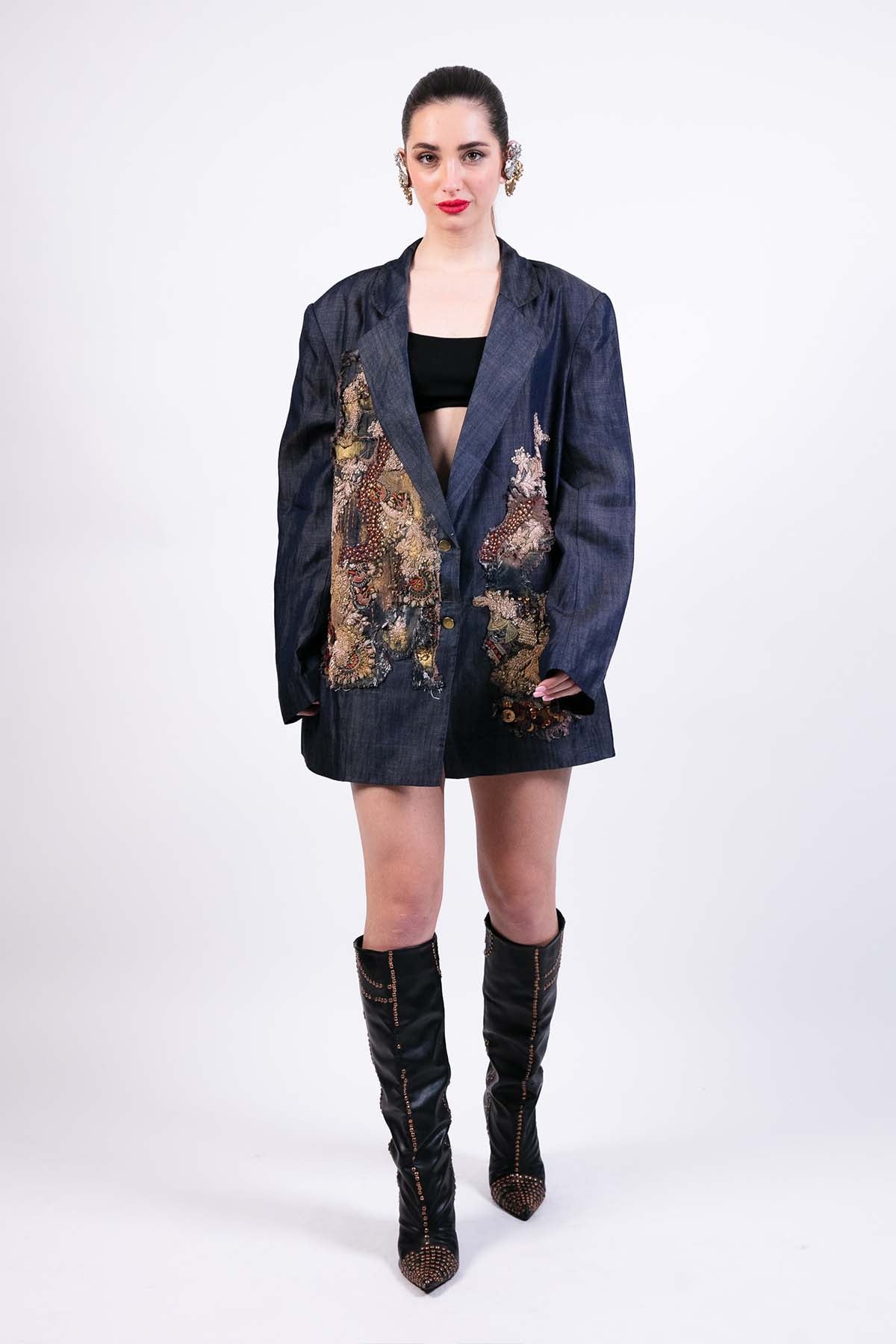 AKOK Hand Embroidered Denim Blazer indian designer wear online shopping melange singapore 