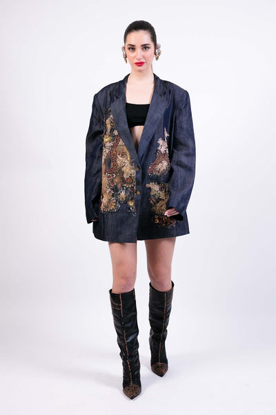 AKOK Hand Embroidered Denim Blazer indian designer wear online shopping melange singapore 