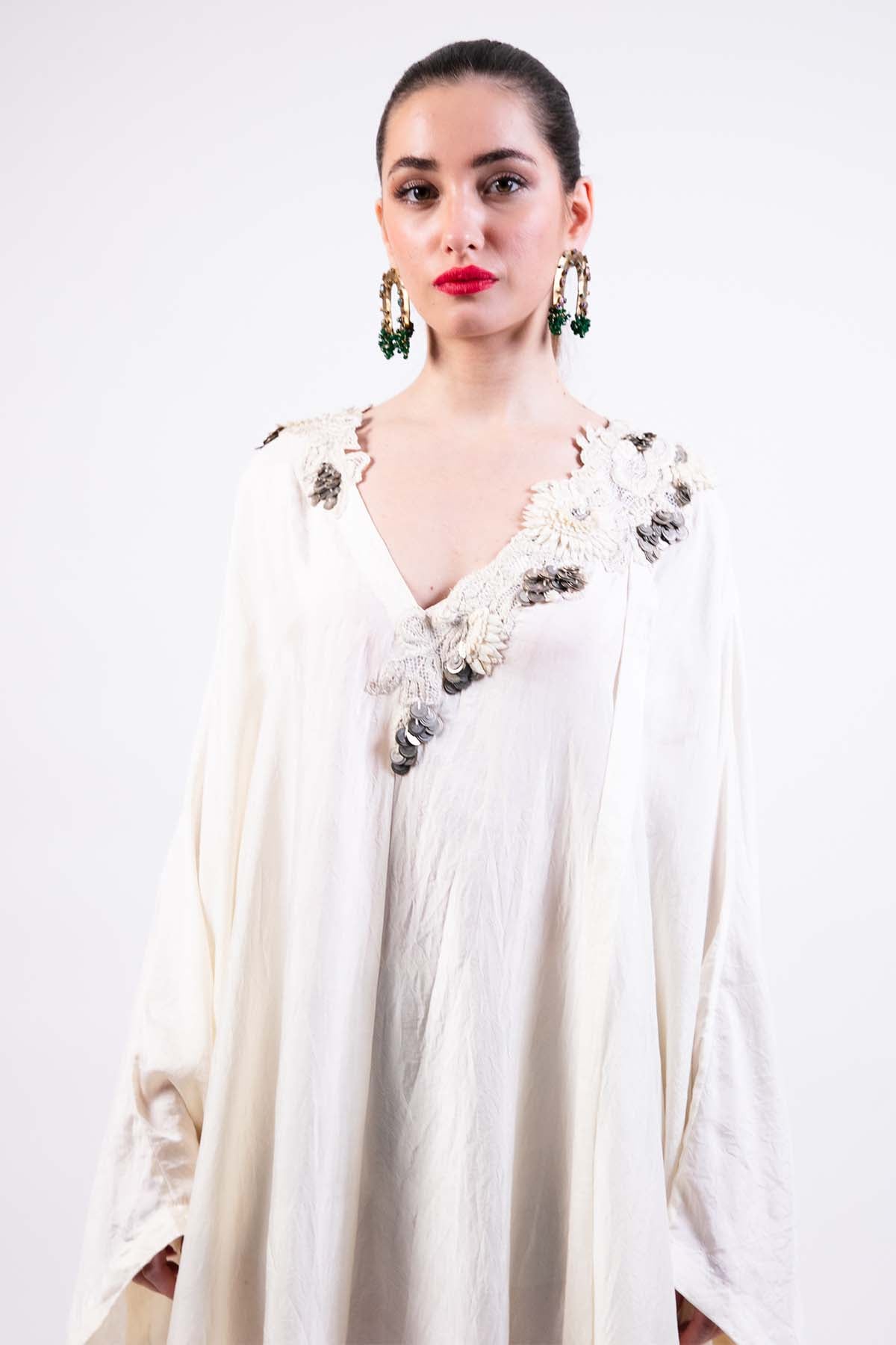 AKOK Ivory Silk Kaftan Dress indian designer wear online shopping melange singapore 