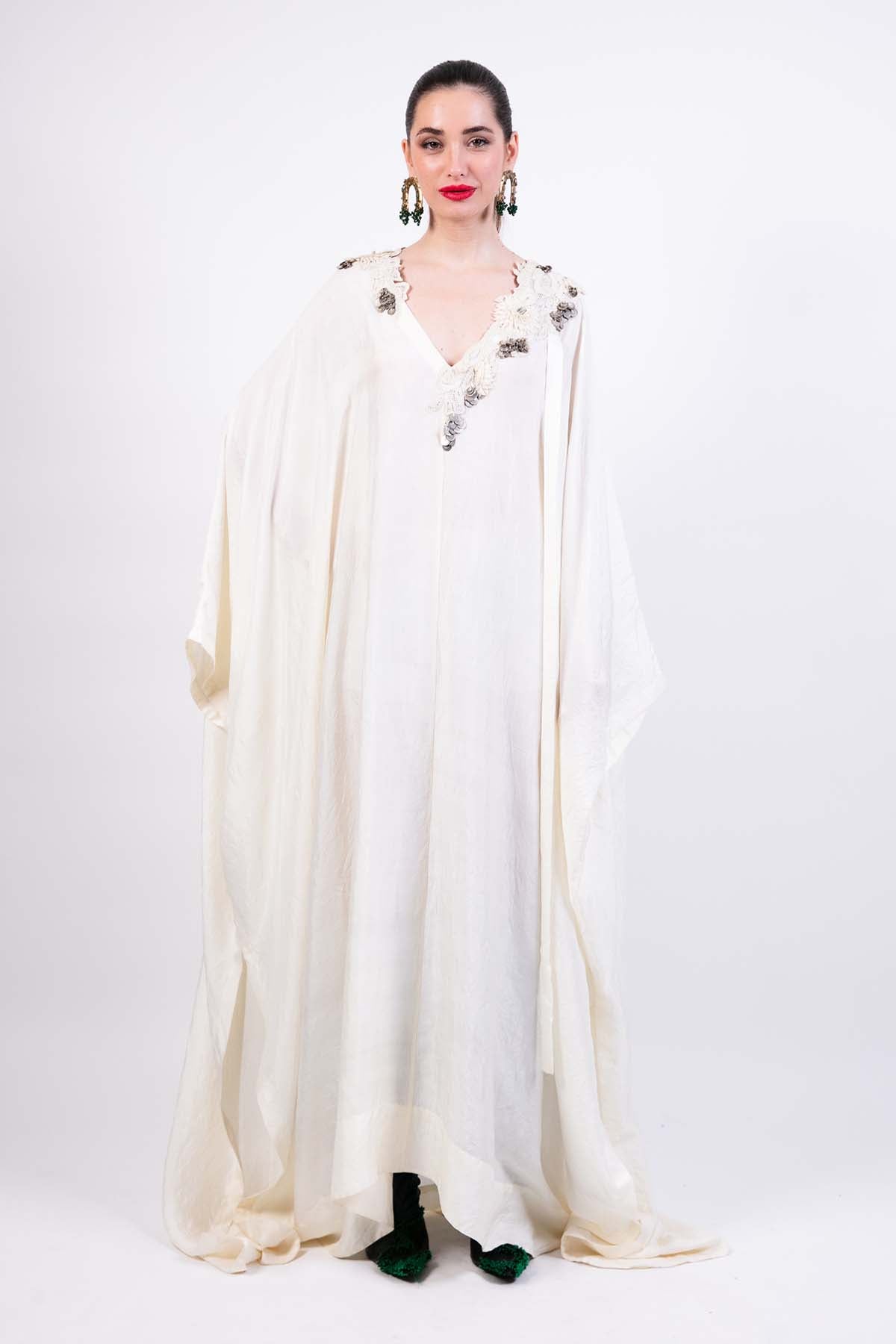 AKOK Ivory Silk Kaftan Dress indian designer wear online shopping melange singapore 