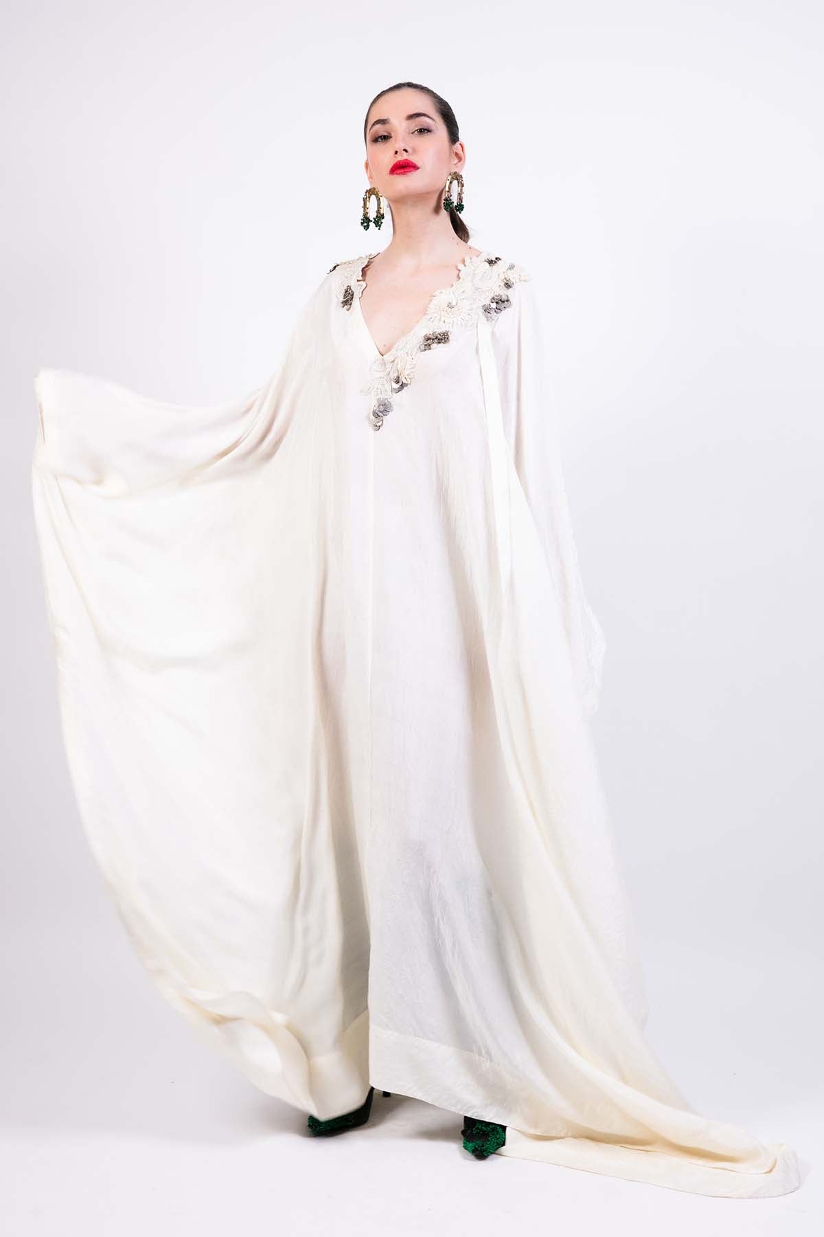 AKOK Ivory Silk Kaftan Dress indian designer wear online shopping melange singapore 