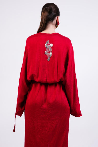 AKOK Red Silk Knotted Kaftan With Coin Emb indian designer wear online shopping melange singapore