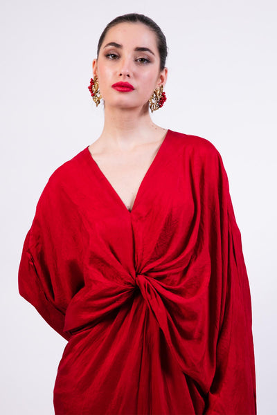AKOK Red Silk Knotted Kaftan With Coin Emb indian designer wear online shopping melange singapore